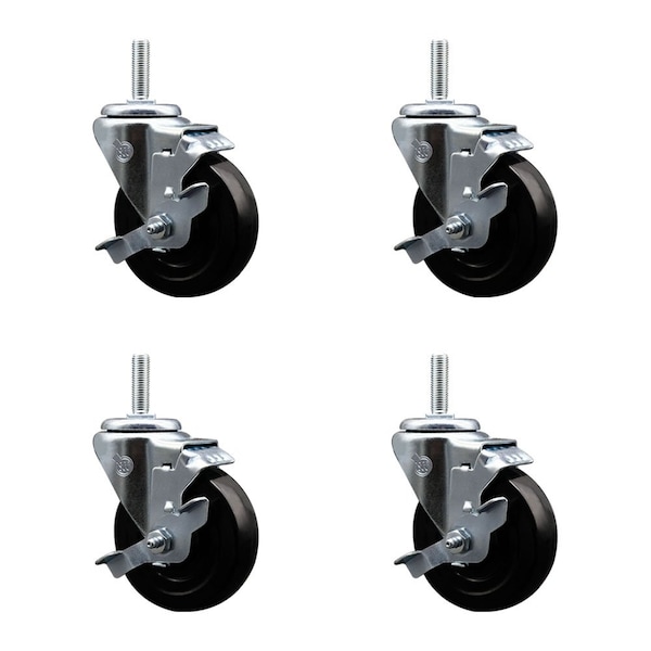 4 Inch Hard Rubber Wheel Swivel 58 Inch Threaded Stem Caster Set with Brake SCC